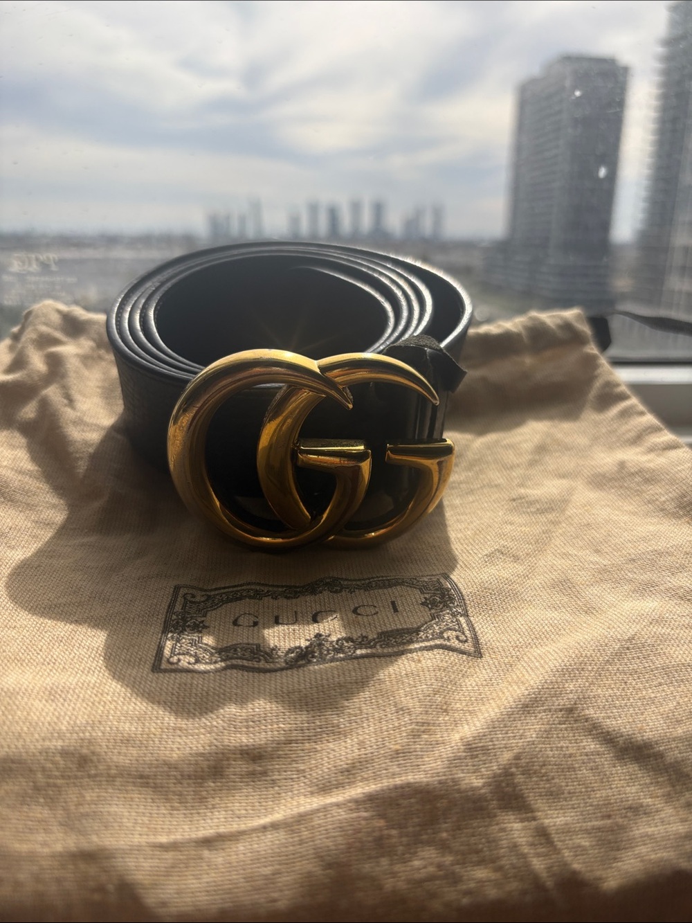Gucci Black Leather Belt with Gold Interlocking GG Buckle